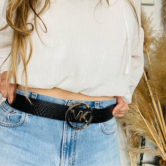 NEW MK MICHAEL KORS Silver Buckle Black Faux Vegan Crocodile Leather Belt XL main image 6